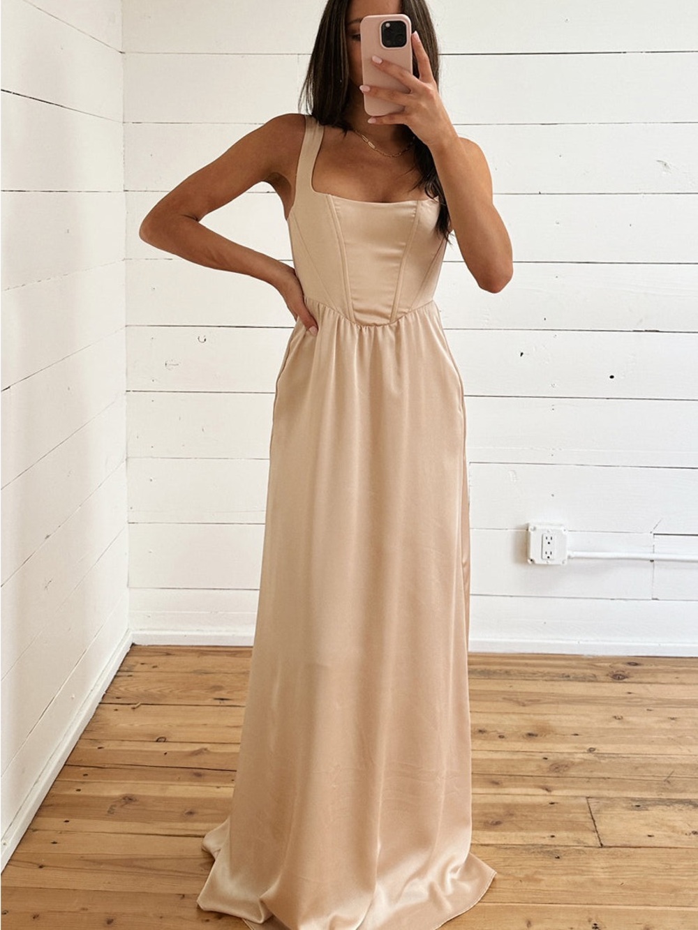 Show Me Your Mumu Nina Maxi Dress • S • Champagne Luxe Satin